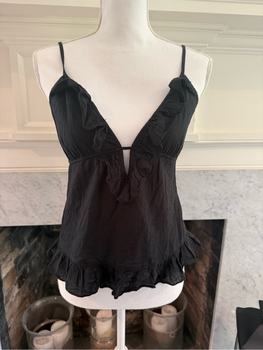 Vintage Juicy Couture Ruffle Plunge Cami with Spaghetti Straps - Linen - Black